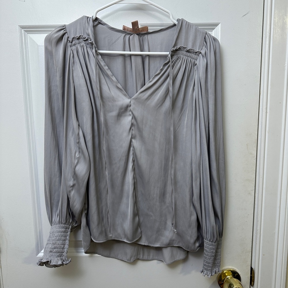 NEW Philosophy Gray Blouse with Ruched V-Neck and Bib Collar